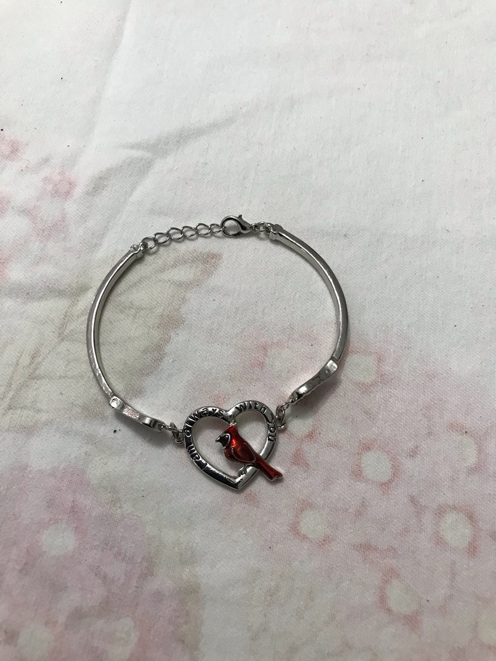 Silver Tone Red Enamel Cardinal Bird Love Heart Bracelet 7”